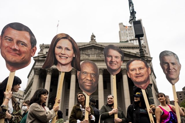 Cut-outs of the U.S. Supreme Court Justices are displayed during a demonstration at Foley Square to protest the U.S. Supreme Courts draft to overturn Roe v. Wade on May 3.